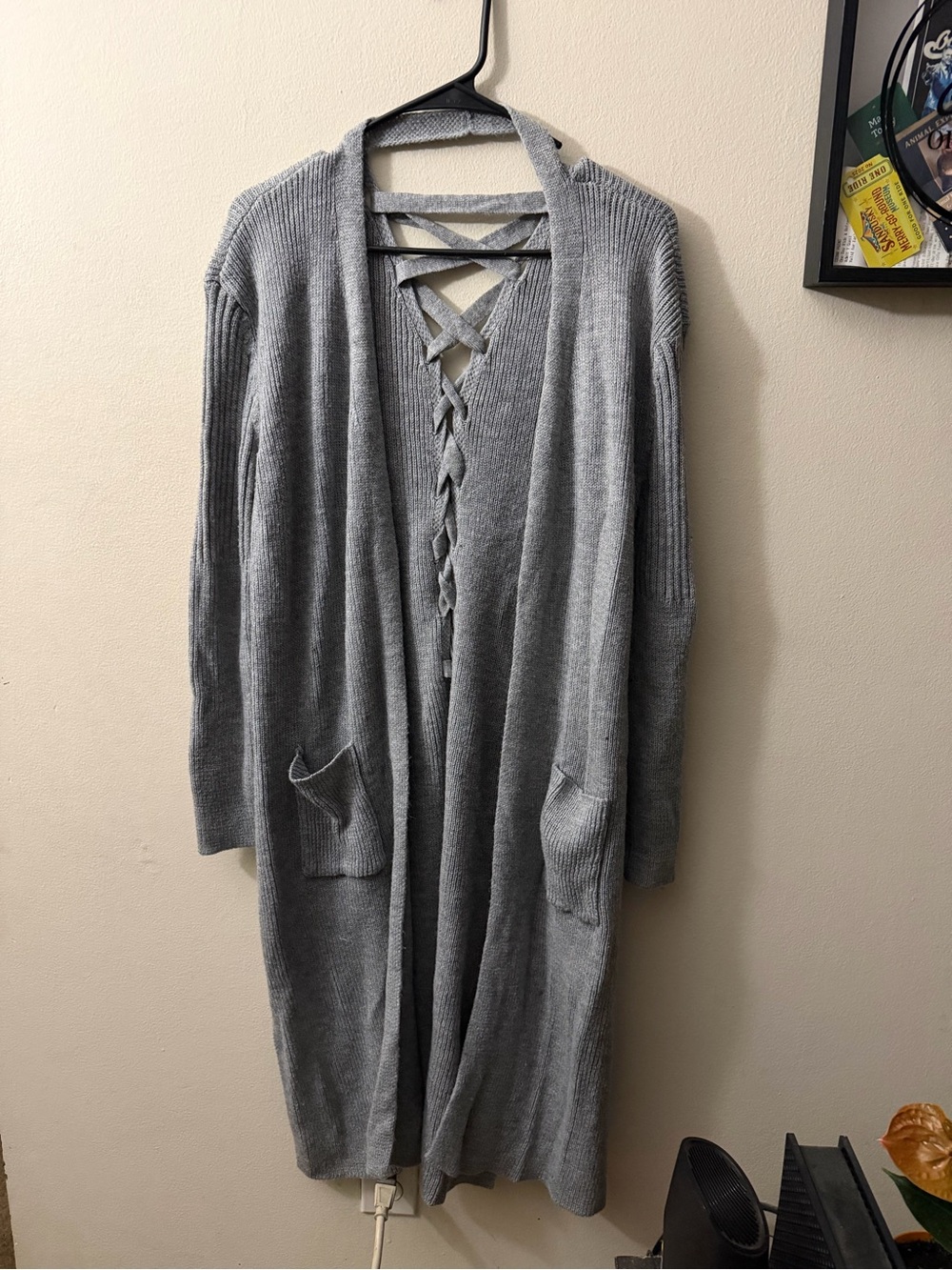Gray Open-Front Long Knit Cardigan with Lace-Up Back